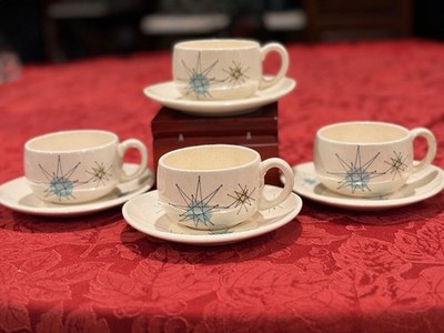 Vintage Franciscan Atomic Starburst Flat Cup & Saucer Set 4 Settings Ex Cond MCM