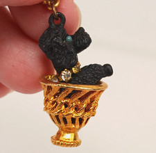 Vintage Poodle Basket Dog Keychain Black Gold Rhinestone Metal Enamel