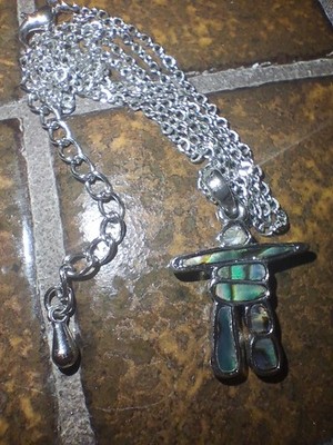 Iridescent Aqua Abalone Paua Shell Shell Glacier Pearl Inukshuk Necklace