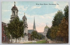 West State Street Harrisburg, PA Postcard Pennsylvania Capitol Vintage