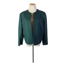 Vintage Talbots Size 14P Green Open-Front Wool Blazer Jacket Pockets