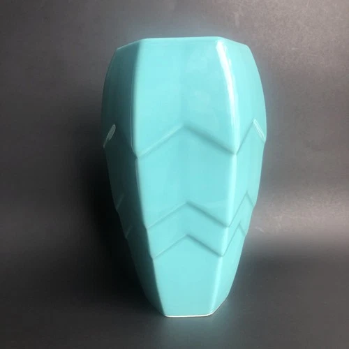 VTG 80s Napco Ceramic Geometric Teal Vase Art Deco Hexagon Pottery Haeger MCM
