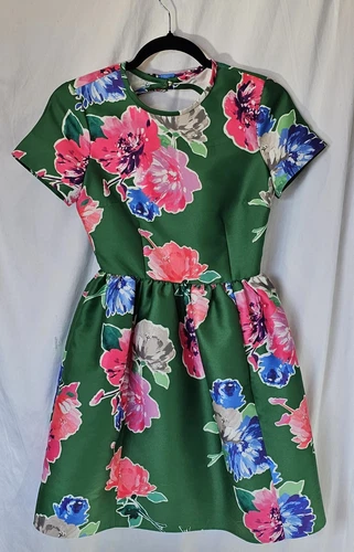 Abito Kate Spade Stelli in pieno fiore verde floreale aderente e svasato taglia 00