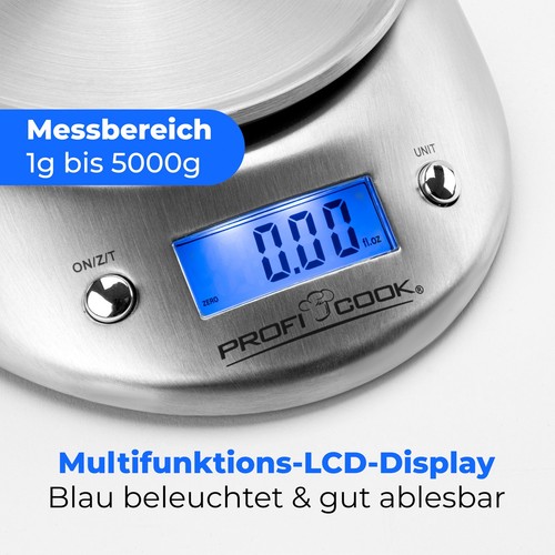 ProfiCook Digitale Küchenwaage PC-KW 1040, Schüssel 2 Liter, LCD-Display, NEU - Bild 3 von 7