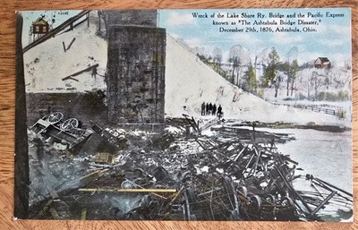 Postcard Wreck - Lake Shore Railway Bridge & Pacific Express Ashtabula Ohio 1910