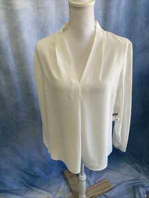 Bar III Women's White Inverted-Pleat V-Neck Long-Sleeve Blouse Top Size L NWT
