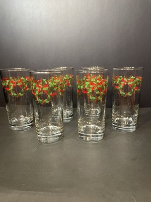 6 Vintage Libbey Irish Christmas Holly Wreath  Tumbler HighBall Glasses Gold Rim