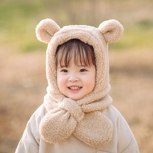 Warm Neck Baby Hat Scarf Cartoon Bear Ears Scarf Set Hooded Boys Girls