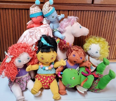 Large Plush Pink Pegasus Horse, Plus 7 Soft Sculpture Satin Winged Cherub Dolls