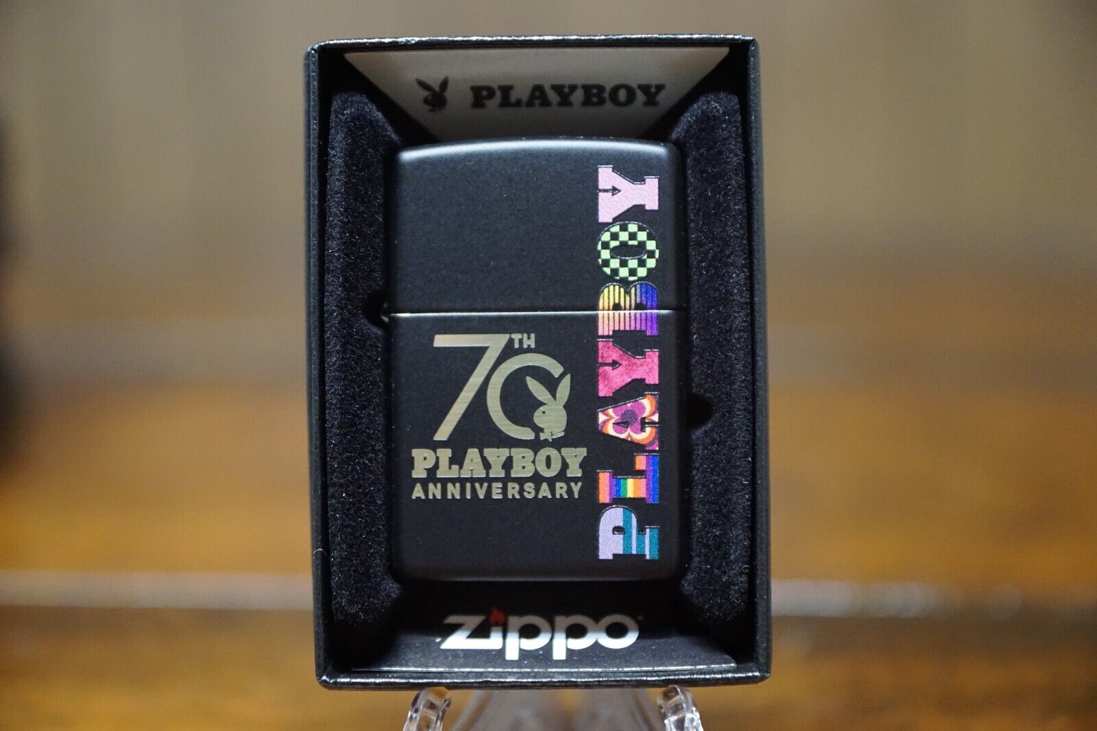 PLAYBOY 70TH ANNIVERSARY BLACK MATTE ZIPPO LIGHTER MINT IN BOX. Available Now for 37.95