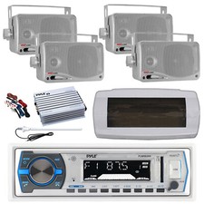 Pyle Bluetooth Marine Radio,Cover,Antenna, Amp,Kit, 4x 3.5'' 200W Silver Speaker