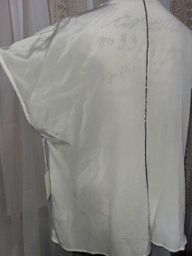 ECRU Alabaster White Color 100% Silk Key Hole Neck Cap Sleeve Blouse Women's XL - Picture 7 of 13