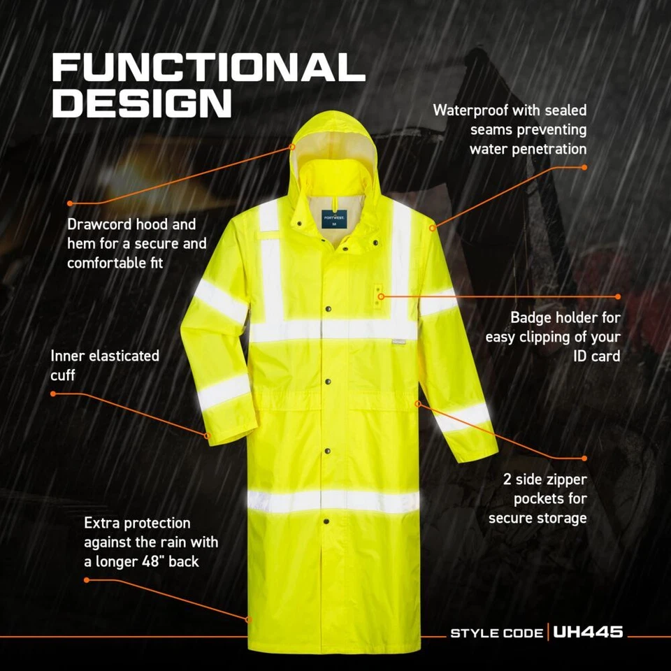 Portwest UH445 Mens Waterproof Raincoat Hi Vis Reflective Lightweight 48" Jacket - Image 3 of 4