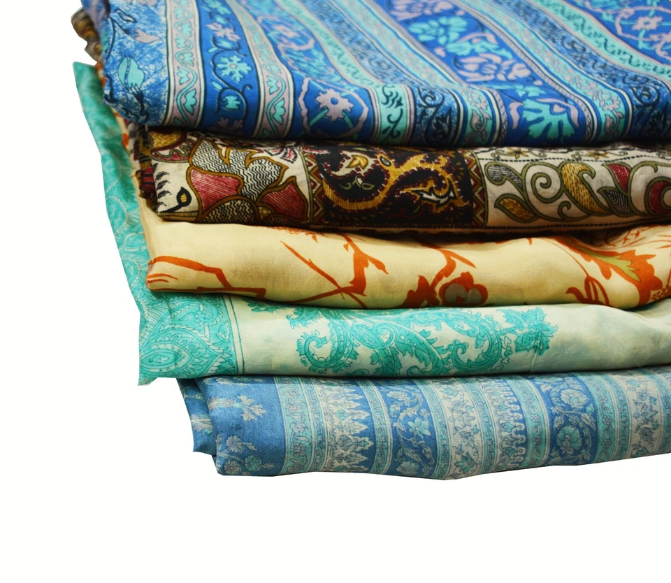 Vintage Lot Of 5 Sarees Recycled Used Felting Quilting Pure Silk Sari defects - Image 3 of 4