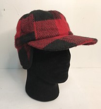 VTG Mercury American Red Plaid Fleece Hat Cap w/ Ear Flaps Made in USA Medium
