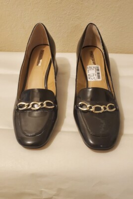 Tahari Block Patent Leather Black Heels Chain Accent