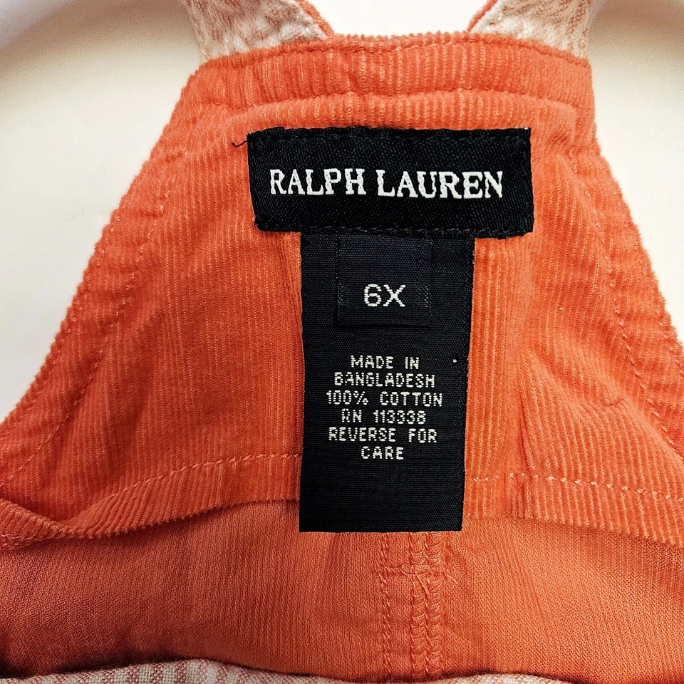 RALPH LAUREN Salmon Corduroy Jumper Dress w/Lime Green Ribbon Tie  Size 6X - Image 3 of 3