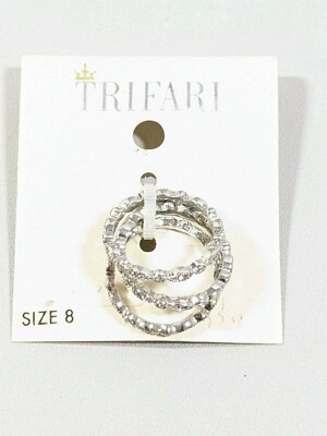 Trifari Silver Tone Set of 3 Crystal Stacking Band Rings Size 8
