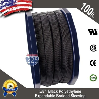 225FWY 100 FT. 5/8" Black Expandable Wire Cable Sleeving Sheathing Braided Loom Tubing