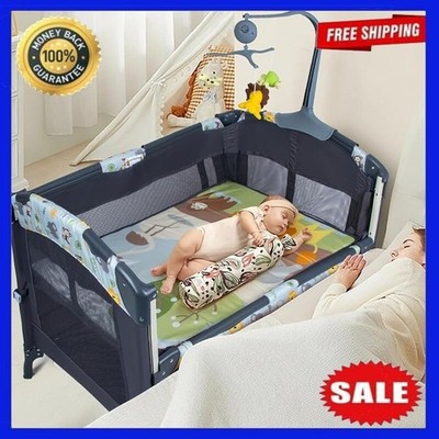 Baby Bassinet Bedside Crib Next to Bed Sleeper w/ Toys & Music Box Mattress