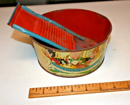 Vintage Ohio Art Tin Litho Rub A Dub Dub Three Men In A Tub and Washboard