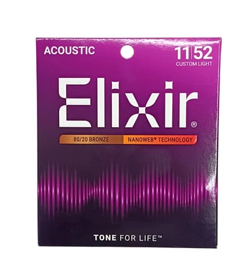 Cordes de guitare acoustique Elixir Nanoweb 80/20 bronze 11-52 Custom Light 1... - Photo 1/4
