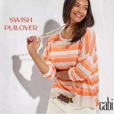 CABI Swish Pullover Sweater in Cream/Coral Stripes Sz M Style 6179 EUC