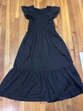 GAP Maxi Dress Black Smocked Ruffle Sleeve V-Neck Cotton Woven L