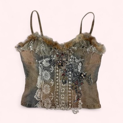 Euro Rossi Roma beaded denim corset style top  with fur trim and embellishments