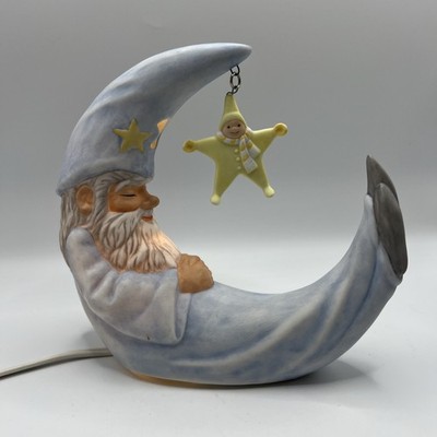 Vntg Enesco 1982 Faith Wick Merlin Moon Night Light Figurine Wizard W/star Works