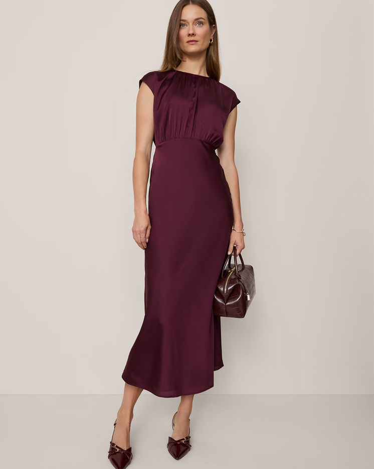 NEW ANN TAYLOR $189 POISED PLUM GATHERED SATIN MIDI DRESS SZ 12