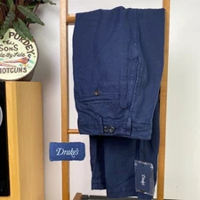 Drake’s (28W) Games Chinos Single Pleat Dark Navy Cotton & Linen BNWT Trousers
