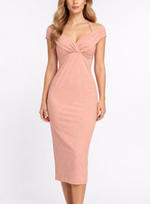 Nookie Athena Off Shoulder Midi Dress Womens XS Blush Pink Bodycon Cocktail