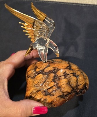 Vintage Glass Eagle w Gold Wings on Burle Wood Base Pristine & Fabulous 5'' x 4''