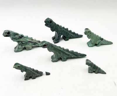 Lot of 6 Hand Carved Green Stone Dinosaur Figurines *one With Broken Tail Piece