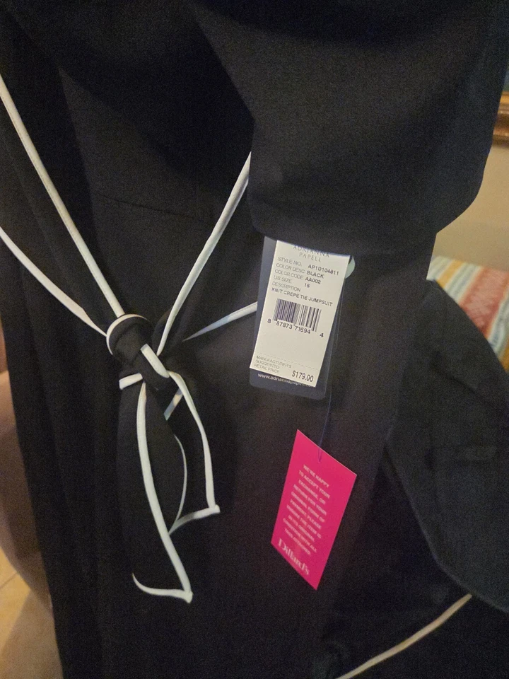 Mono Adrianna Papell tejido crepé corbata del hombro negro/blanco, talla 16 Foto 3 de 4