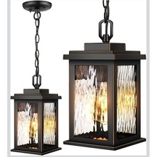 Vianis Outdoor Hanging Lantern Black Gold Trim Water Ripple Glass Pendant Light