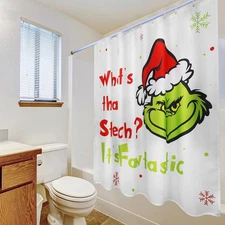 Christmas Shower Curtain and Ring Set, Green Shower Curtain with 12 Plastic H...