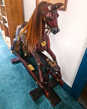 Vintage Solid Wood Rocking Horse with Saddle & Bridle, Real Hair Mane