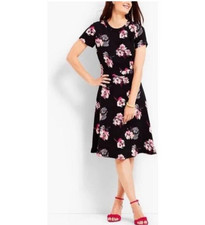 Talbots Black Floral Fit and Flare Midi Dress Lined Size 16 Fairy Cottagecore