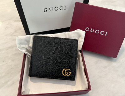 Gucci Men's 100% Leather GG Marmont Bifold Wallet | Double G Metal Logo | Black