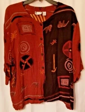 Vintage Chantik Blouse Top Tribal Design Elephants Zebra Buttons Unique Size XL 