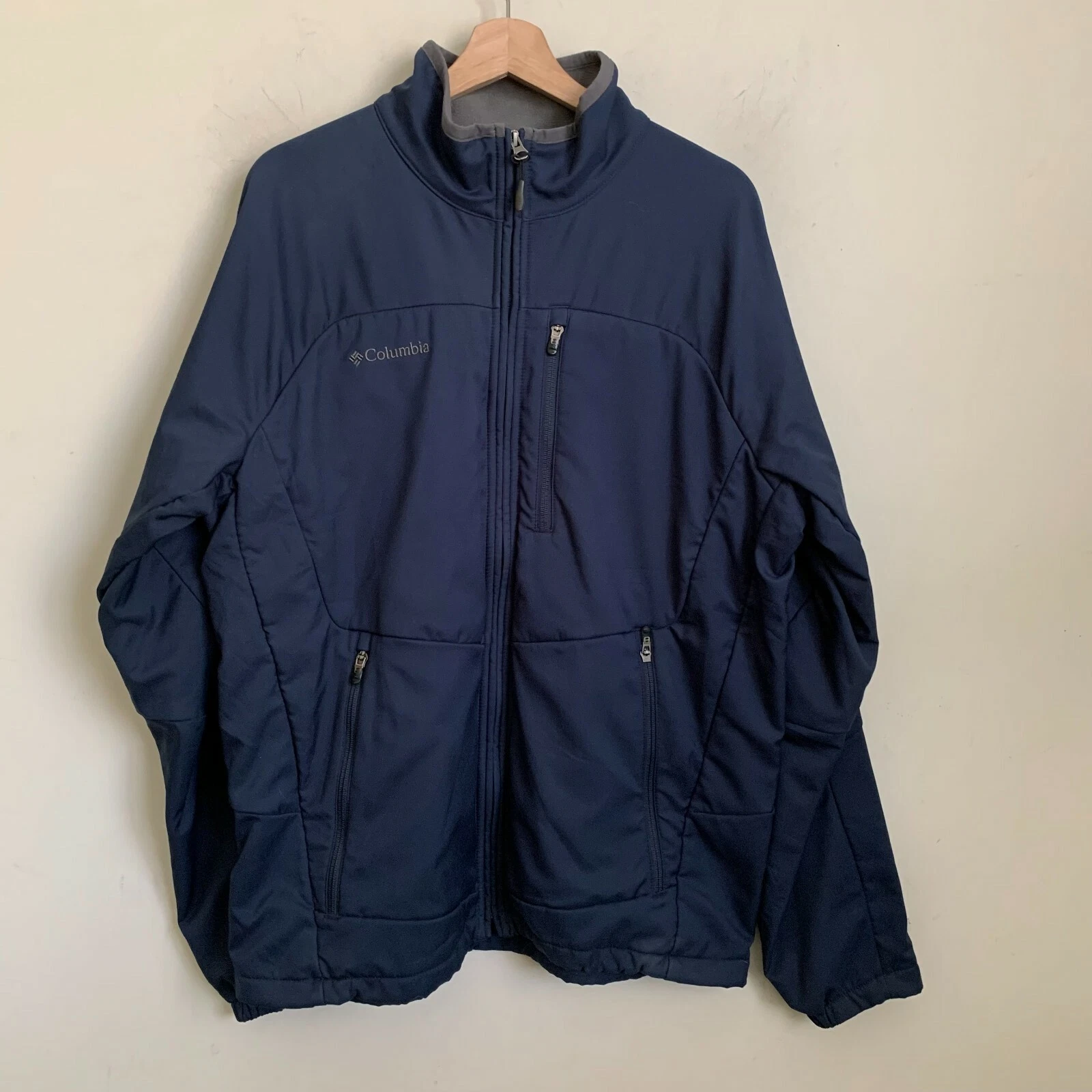 Columbia Jacket Softshell Navy Blue Logo Stand Collar Zip Pockets Lined Size L