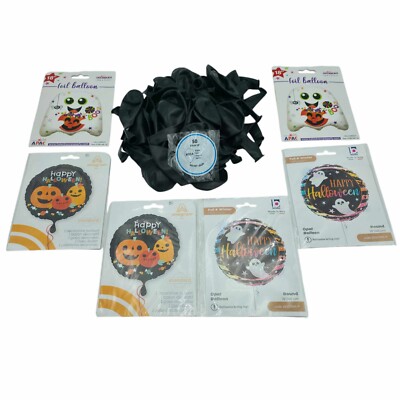 6x Halloween Folien Party Luftballons + 50 schwarze Latexballons Kürbis Geist Kinder