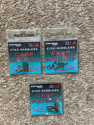 1 x Packung Drennan Eyed Barbless Carp Method Feeder Haken Größe 12, 14 & 16