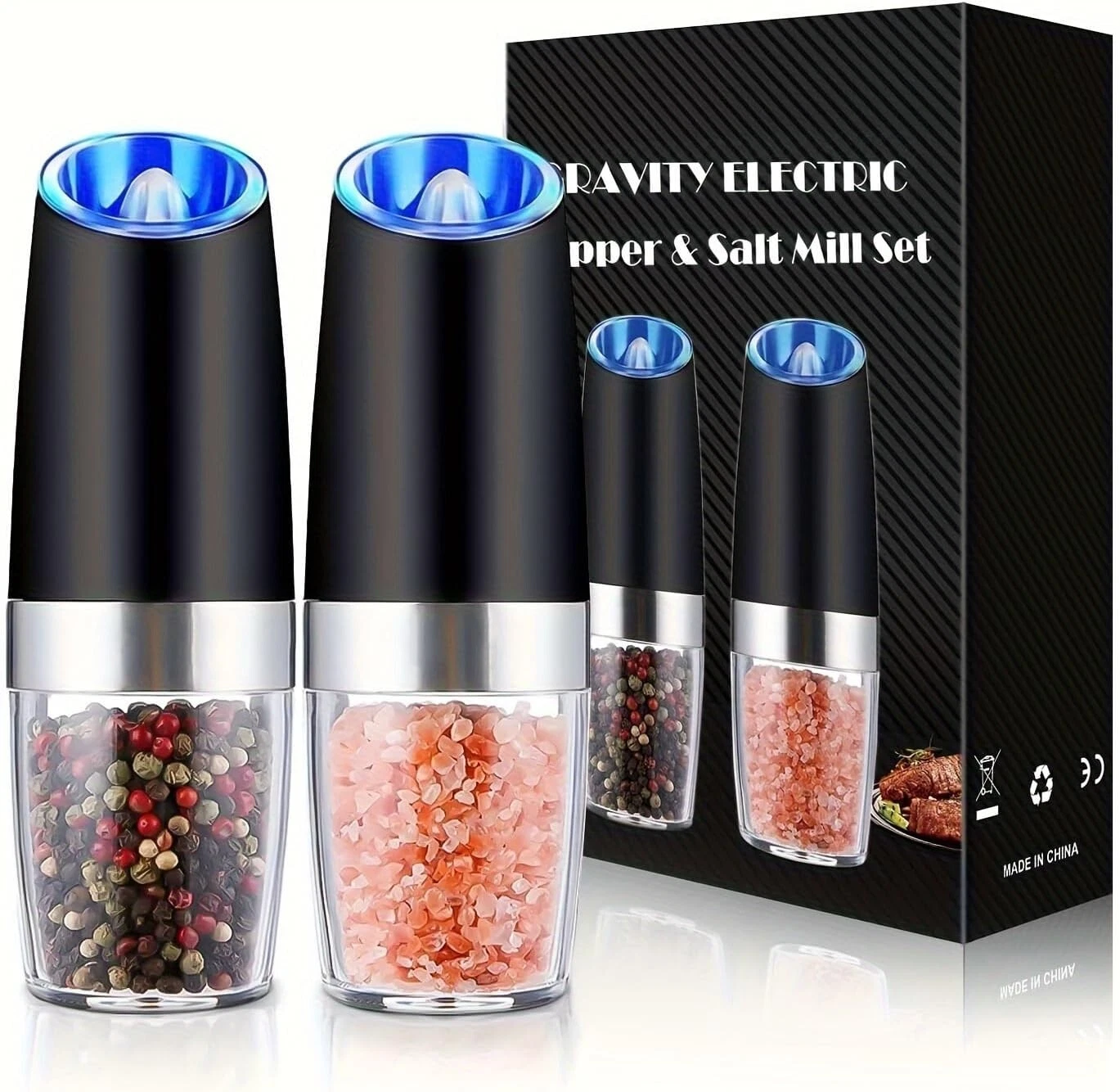 2 Pack Gravity Electric Salt and Pepper Grinder Mill Shaker Adjustable Automatic