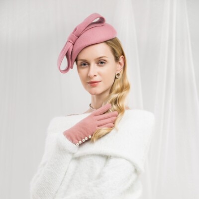 Teardrop Women 1940s Wool Felt Fascinator Hat Bow Tam Beret 