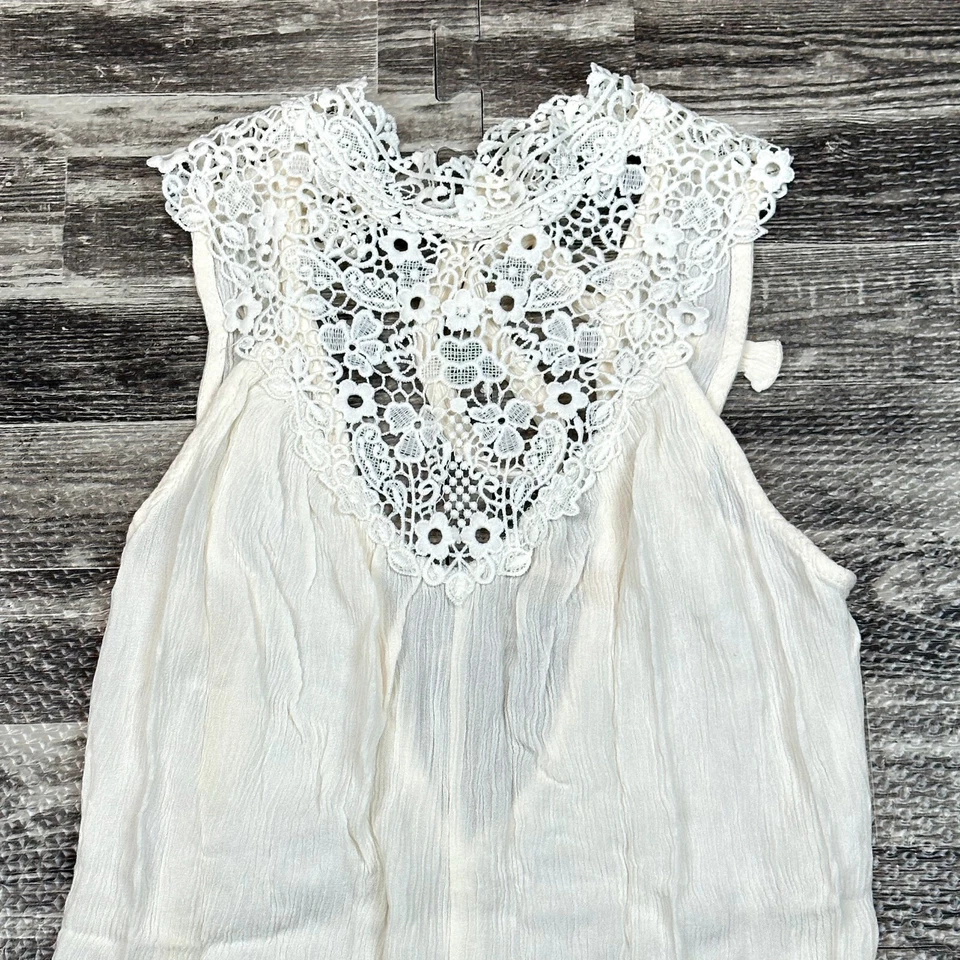 浪漫波西米亚连身裤女式青少年 S 码奶油色蕾丝高领带荷叶边短裤 — 第 2/4 张图片