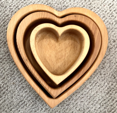 Set of 3 Wooden Heart Shaped Valentine Bowls 5''  7'' 9''