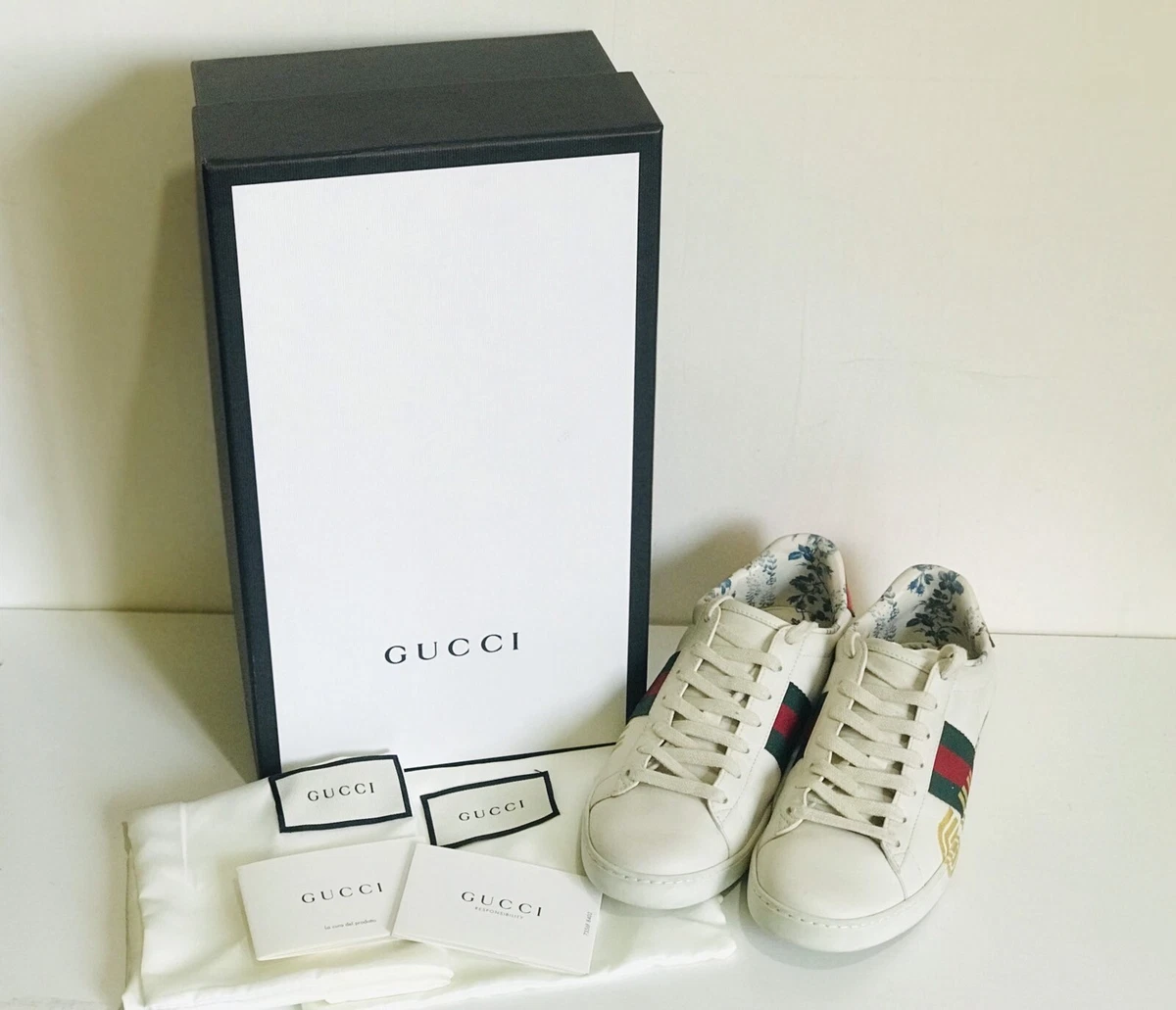 GUCCI WOMEN&#039;S LOW GOLD PRINT LEATHER SNEAKERS SHOES 6.5 SALE | eBay